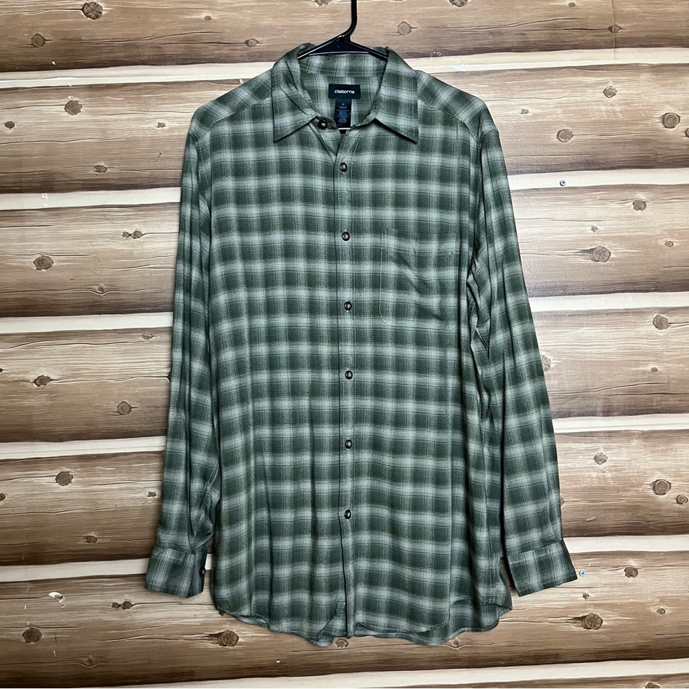 Claiborne men long sleeve bottoms down green plaid  shirt‎ size M